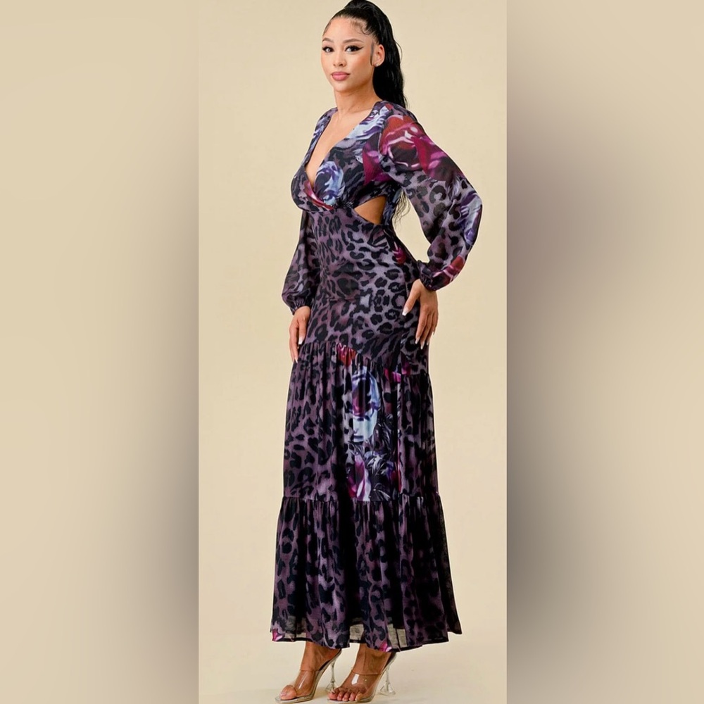 Floral Animal Print Long Sleeve V Neck Cut Out Maxi Dress - Picture 11 of 16